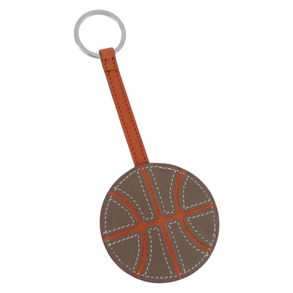 HERMES Basketball Key Ring Leather Orange Silver Auth BA15224V