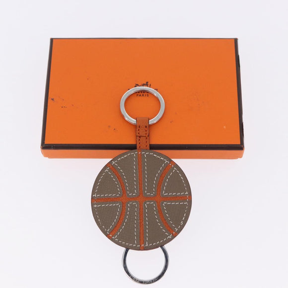 HERMES Basketball Key Ring Leather Orange Silver Auth BA15224V