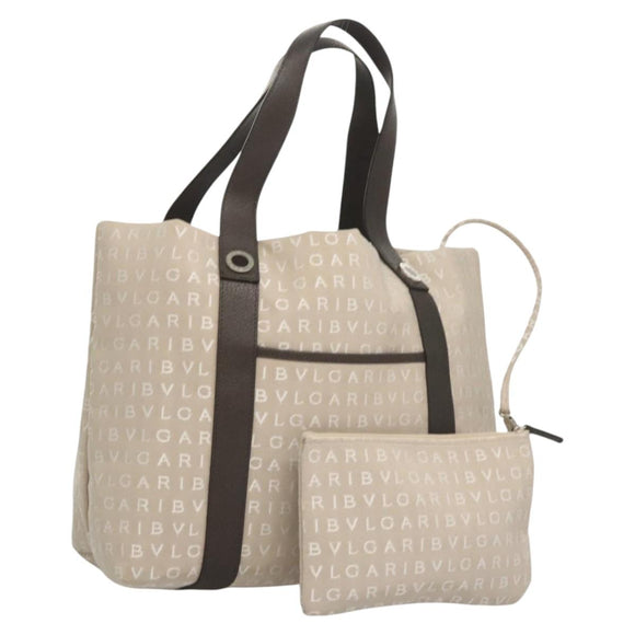 BVLGARI Logo Mania Tote Bag Canvas Beige Auth BA1523