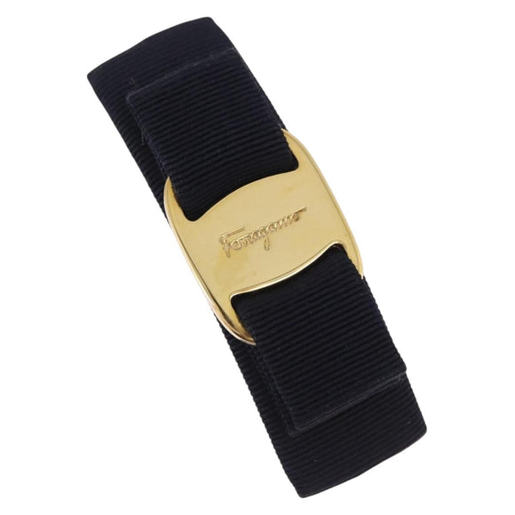 Salvatore Ferragamo Valletta Hair Clip Canvas Navy Gold Auth BA15230