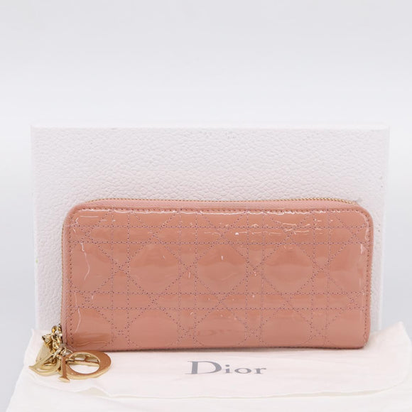 Christian Dior Lady Dior Long Wallet Patent leather Pink Auth BA15236V