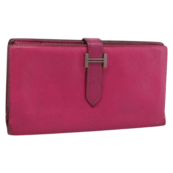 HERMES Bearn Soufflet Wallet Leather Pink Auth BA15253