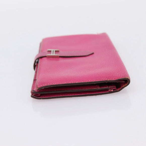 HERMES Bearn Soufflet Wallet Leather Pink Auth BA15253
