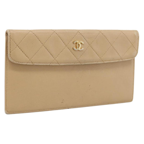 CHANEL Matelasse Long Wallet Lamb Skin Beige Gold CC Auth BA15254