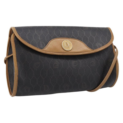 Christian Dior Honeycomb Canvas Shoulder Bag PVC Black Gold Auth BA15258
