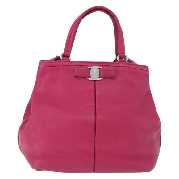 Salvatore Ferragamo Vara Ribbon Hand Bag Leather 2way Pink Silver Auth BA15273