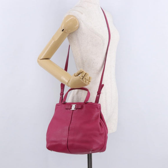 Salvatore Ferragamo Vara Ribbon Hand Bag Leather 2way Pink Silver Auth BA15273