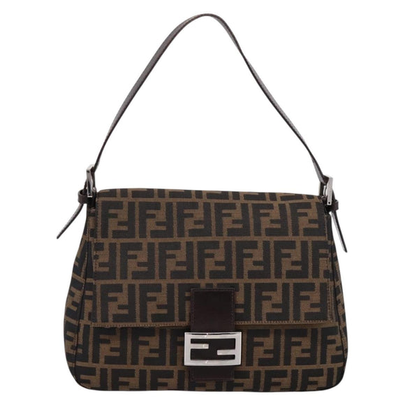 FENDI Zucca Canvas Mamma Baguette Shoulder Bag Brown Silver Auth BA15280V