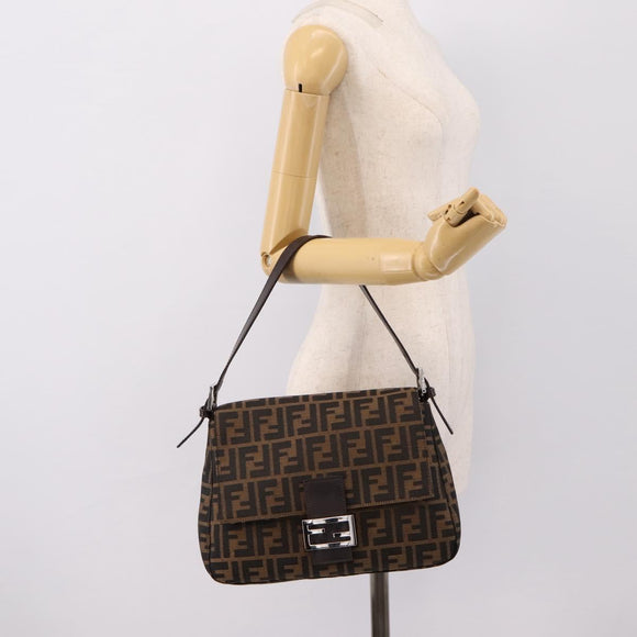 FENDI Zucca Canvas Mamma Baguette Shoulder Bag Brown Silver Auth BA15280V