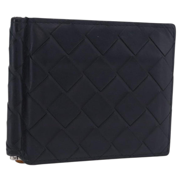 BOTTEGA VENETA INTRECCIATO Card Case Leather Navy Silver Auth BA15282