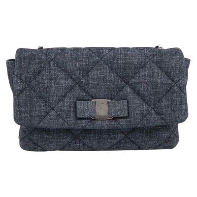 Salvatore Ferragamo Denim Vala Ribbon Chain Shoulder Bag Blue Auth BA15284V - 0