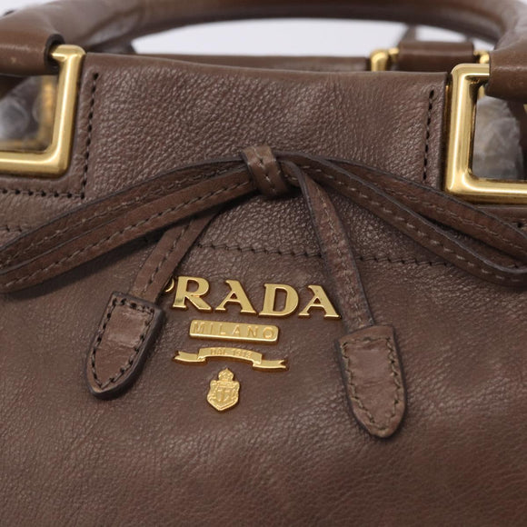PRADA Hand Bag Leather 2way Brown Gold Tone Auth BA15297