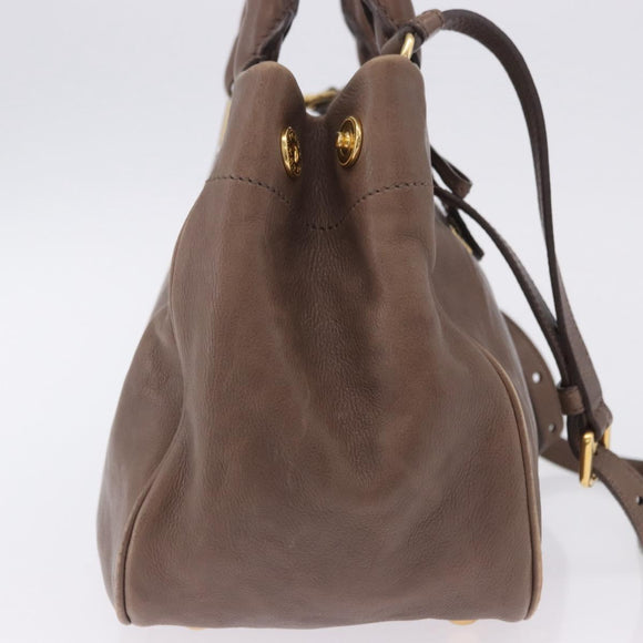 PRADA Hand Bag Leather 2way Brown Gold Tone Auth BA15297