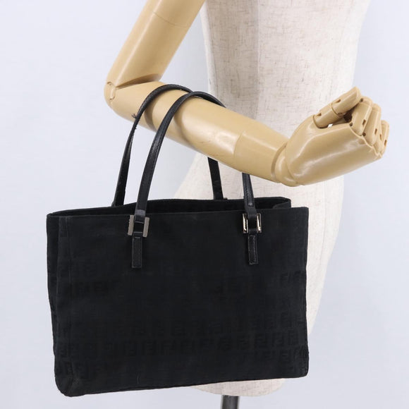 FENDI Zucchino Canvas Hand Bag Black Silver Auth BA15300