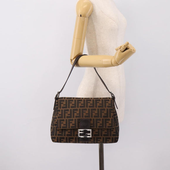 FENDI Zucca Canvas Mamma Baguette Shoulder Bag Brown Silver Auth BA15303V