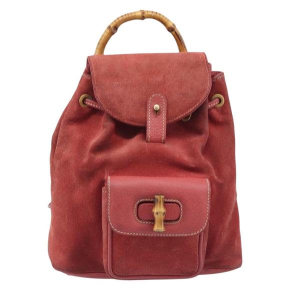 GUCCI Bamboo Backpack Suede Red Gold Tone 003 1705 0030 Auth BA15308