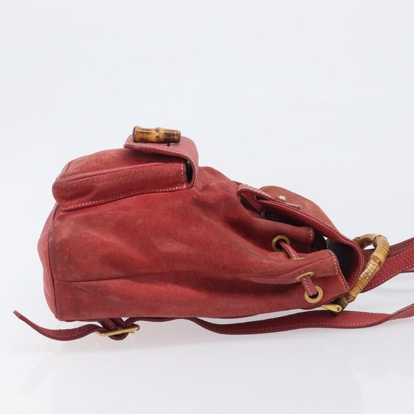 GUCCI Bamboo Backpack Suede Red Gold Tone 003 1705 0030 Auth BA15308