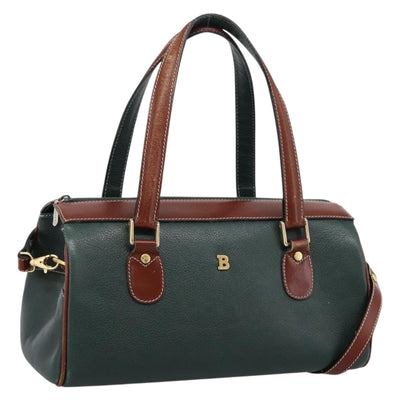 BALLY Hand Bag Leather 2way Green Gold Tone Auth BA15313