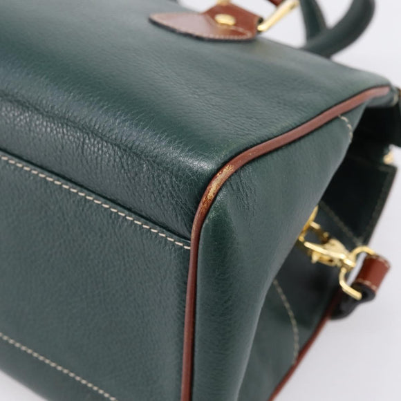 BALLY Hand Bag Leather 2way Green Gold Tone Auth BA15313