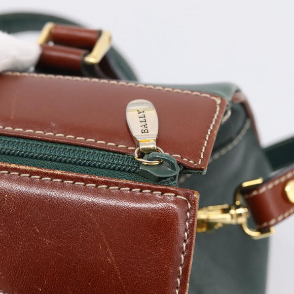 BALLY Hand Bag Leather 2way Green Gold Tone Auth BA15313
