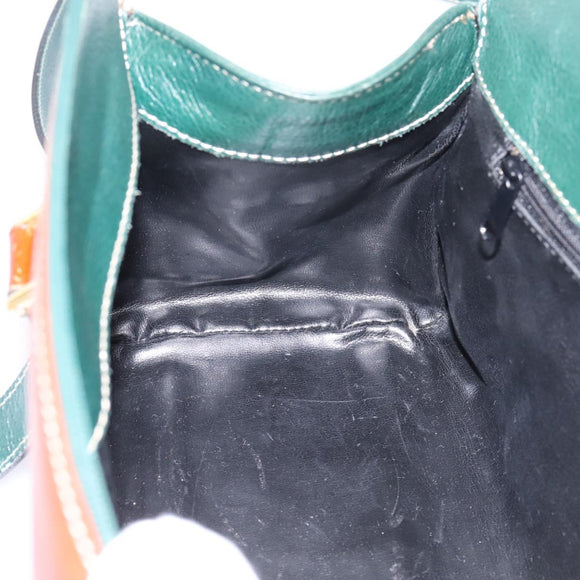 BALLY Hand Bag Leather 2way Green Gold Tone Auth BA15313