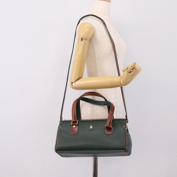 BALLY Hand Bag Leather 2way Green Gold Tone Auth BA15313