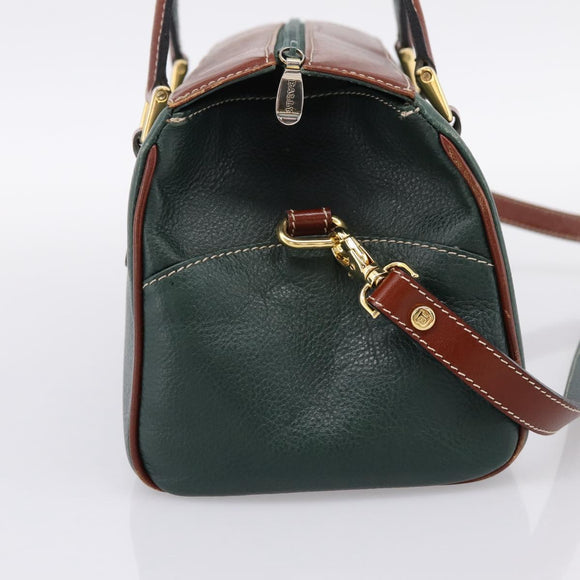 BALLY Hand Bag Leather 2way Green Gold Tone Auth BA15313