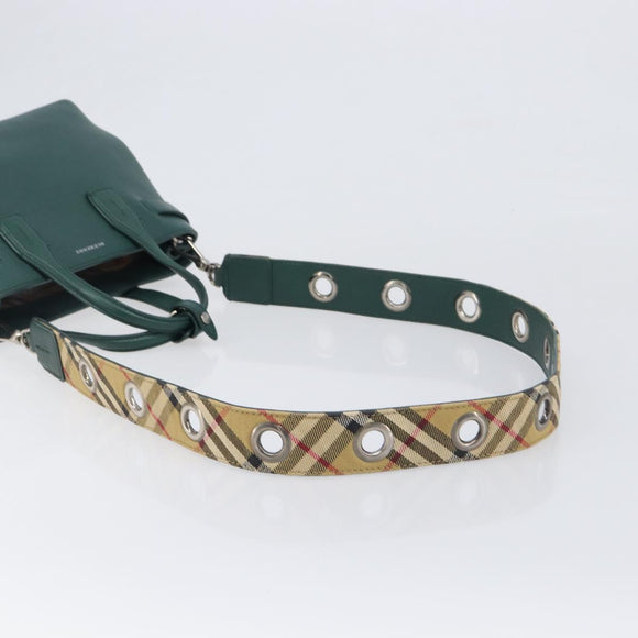 BURBERRY Hand Bag Leather 2way Green Silver Auth BA15318A