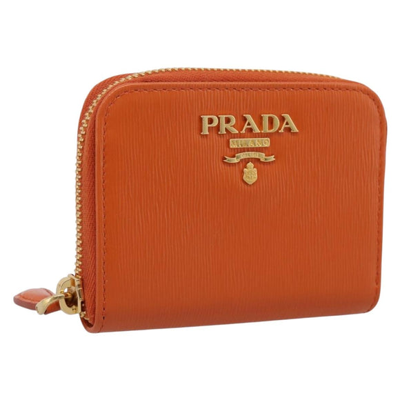 PRADA Coin Purse Saffiano Orange Gold Tone Auth BA15322V