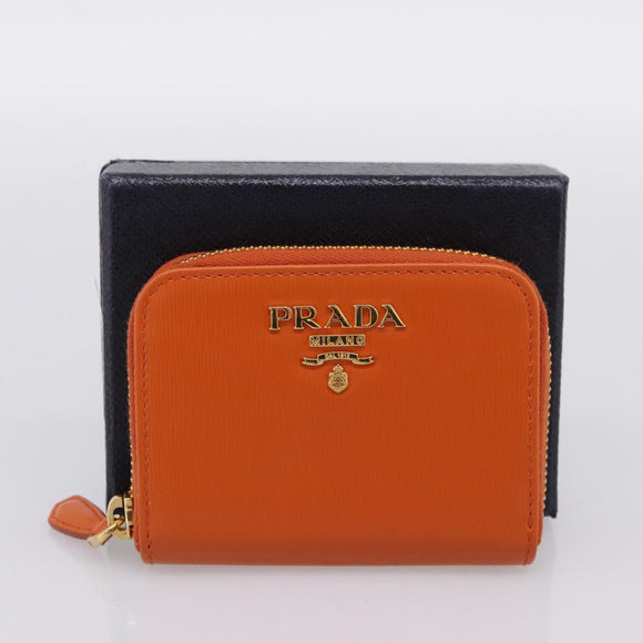 PRADA Coin Purse Saffiano Orange Gold Tone Auth BA15322V