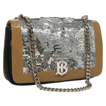 BURBERRY Sequin Chain Shoulder Bag Leather Silver Auth BA1535