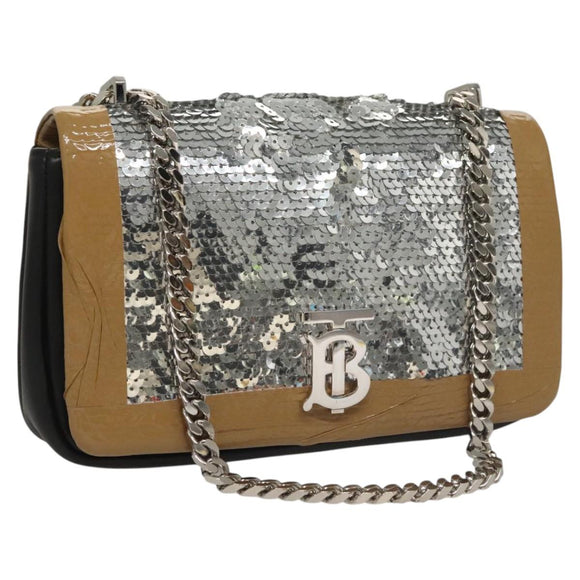 BURBERRY Sequin Chain Shoulder Bag Leather Silver Auth BA1535