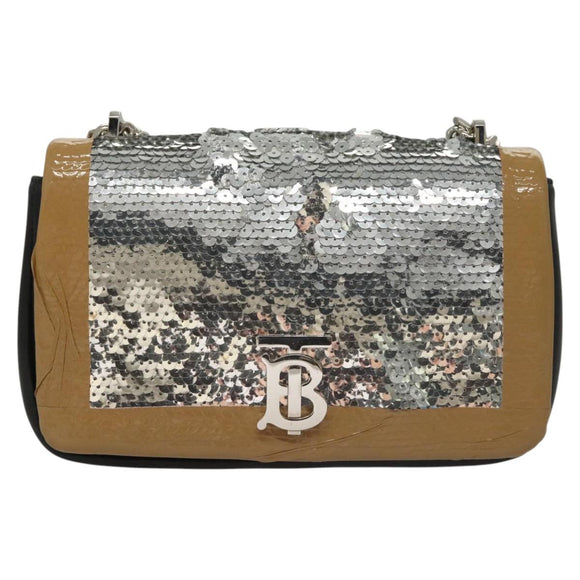 BURBERRY Sequin Chain Shoulder Bag Leather Silver Auth BA1535