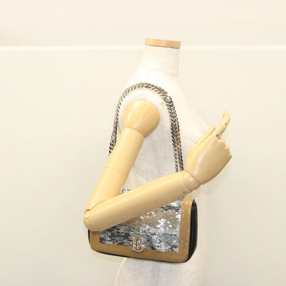BURBERRY Sequin Chain Shoulder Bag Leather Silver Auth BA1535