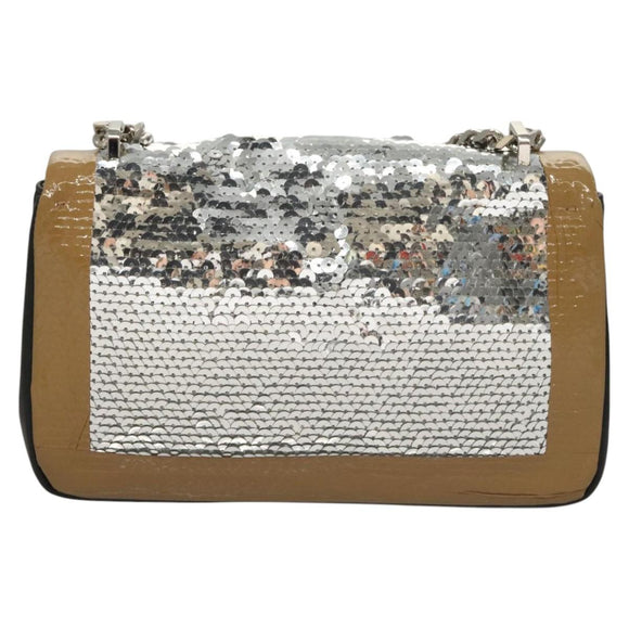 BURBERRY Sequin Chain Shoulder Bag Leather Silver Auth BA1535