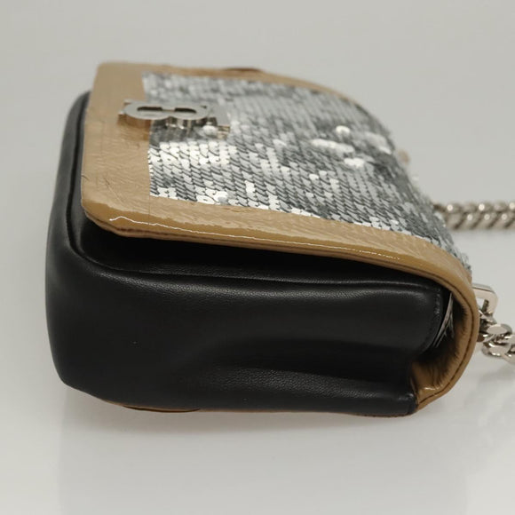 BURBERRY Sequin Chain Shoulder Bag Leather Silver Auth BA1535