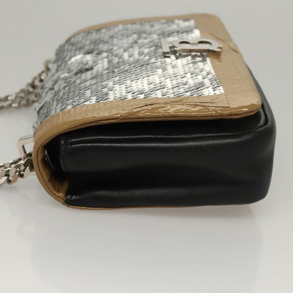 BURBERRY Sequin Chain Shoulder Bag Leather Silver Auth BA1535