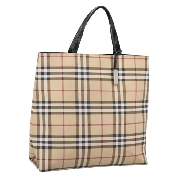 BURBERRY Nova Check Hand Bag PVC Leather Beige Silver Auth BA15368
