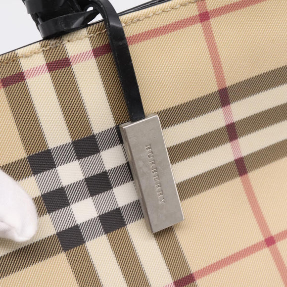 BURBERRY Nova Check Hand Bag PVC Leather Beige Silver Auth BA15368