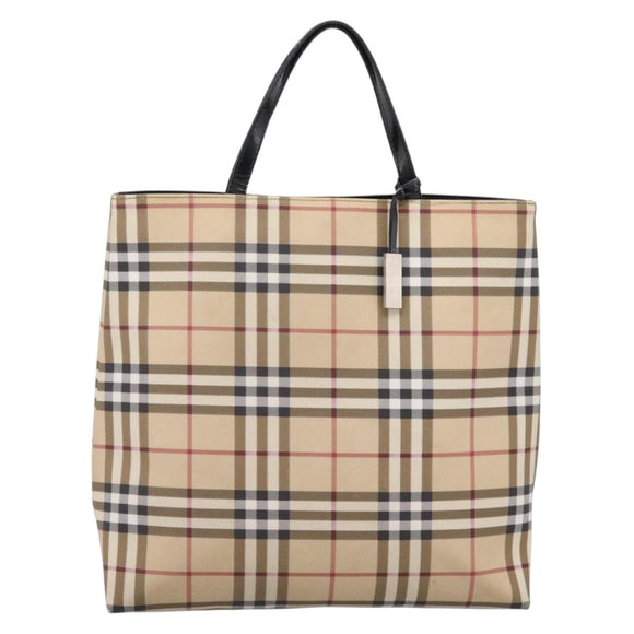 BURBERRY Nova Check Hand Bag PVC Leather Beige Silver Auth BA15368