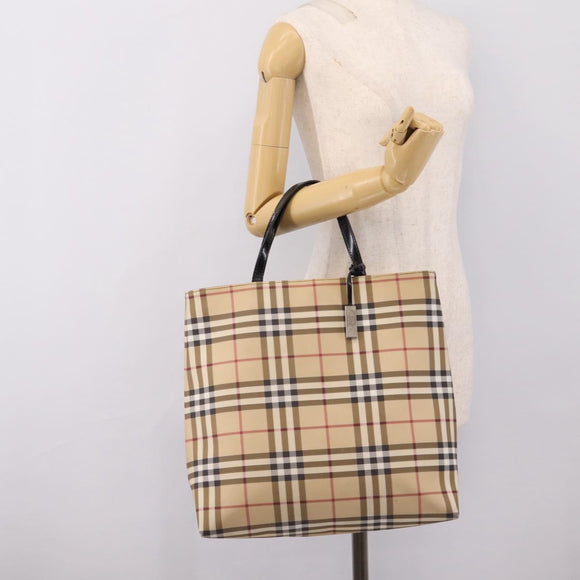 BURBERRY Nova Check Hand Bag PVC Leather Beige Silver Auth BA15368