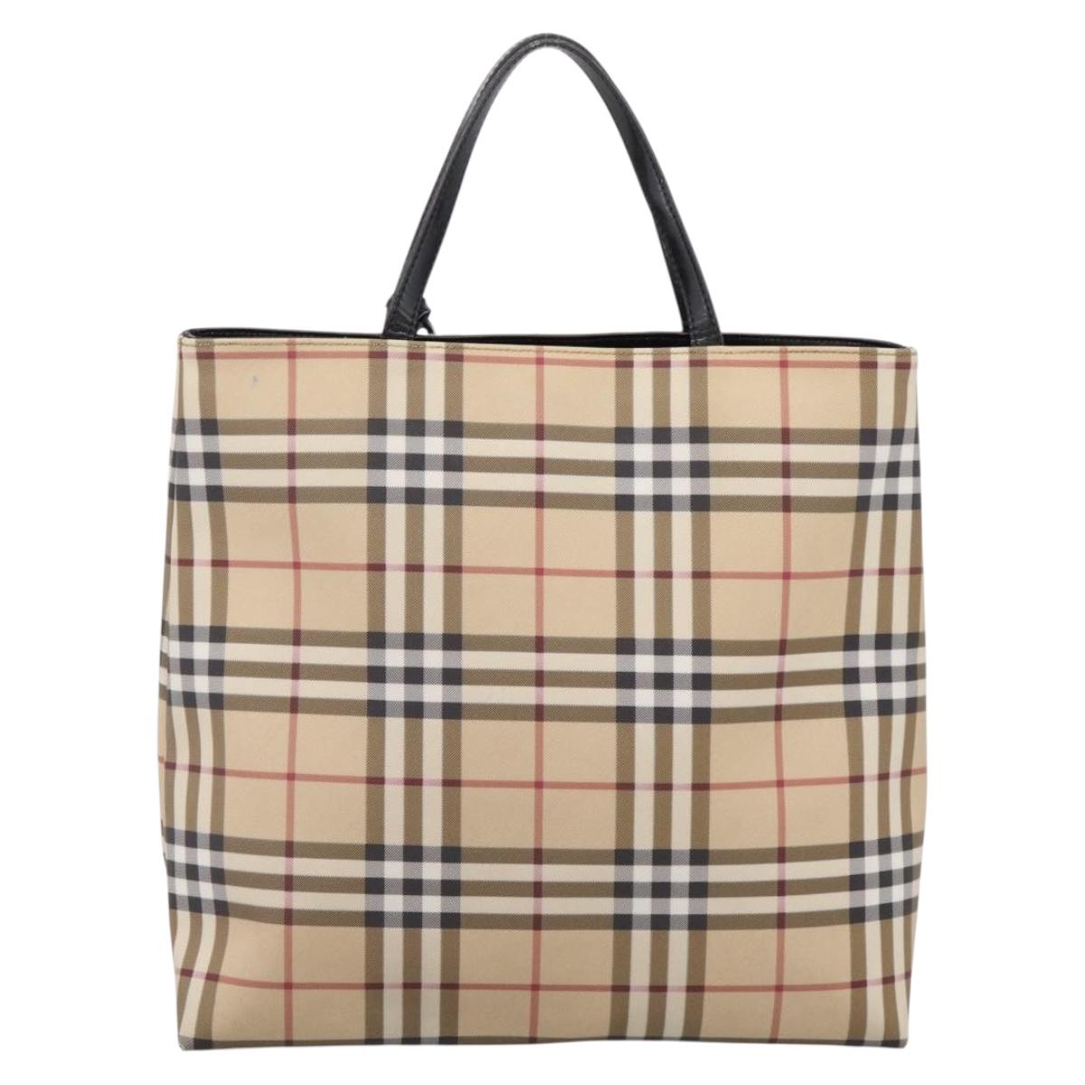BURBERRY Nova Check Hand Bag PVC Leather Beige Silver Auth BA15368
