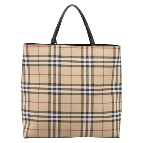 BURBERRY Nova Check Hand Bag PVC Leather Beige Silver Auth BA15368