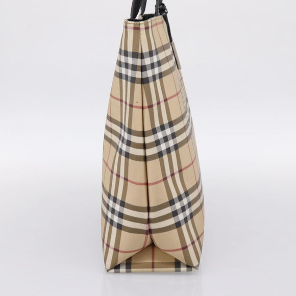 BURBERRY Nova Check Hand Bag PVC Leather Beige Silver Auth BA15368