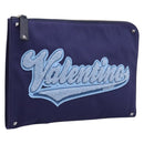 VALENTINO Clutch Bag Canvas Navy Silver Auth BA15372A-1