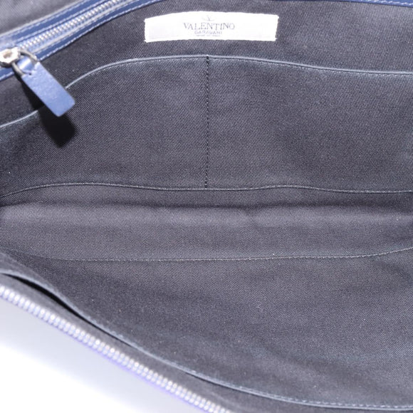 VALENTINO Clutch Bag Canvas Navy Silver Auth BA15372A