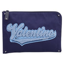 VALENTINO Clutch Bag Canvas Navy Silver Auth BA15372A-13