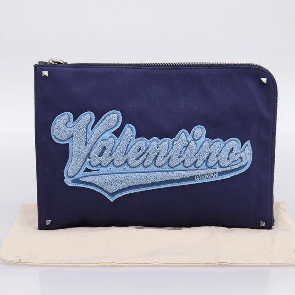 VALENTINO Clutch Bag Canvas Navy Silver Auth BA15372A
