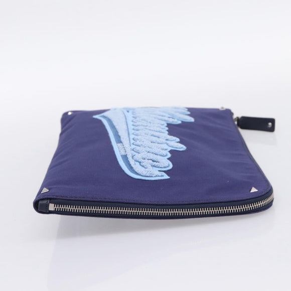 VALENTINO Clutch Bag Canvas Navy Silver Auth BA15372A
