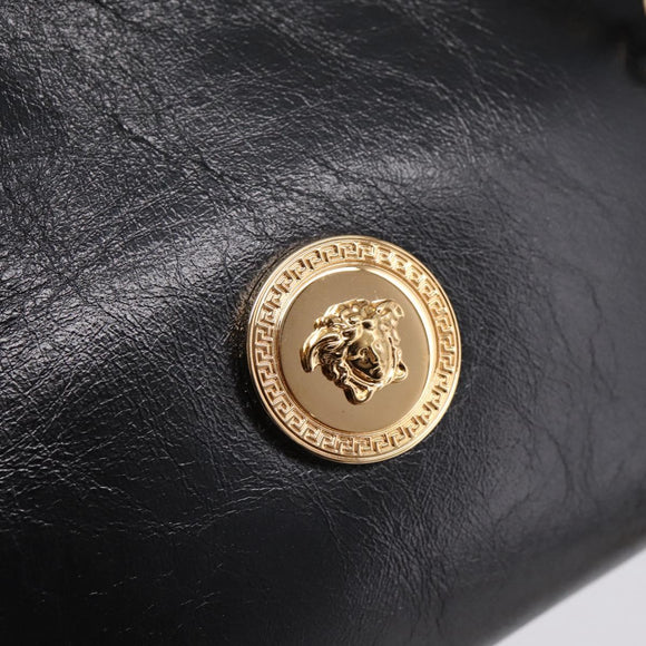 VERSACE Chain Shoulder Bag Leather Black Gold Tone Auth BA15376V
